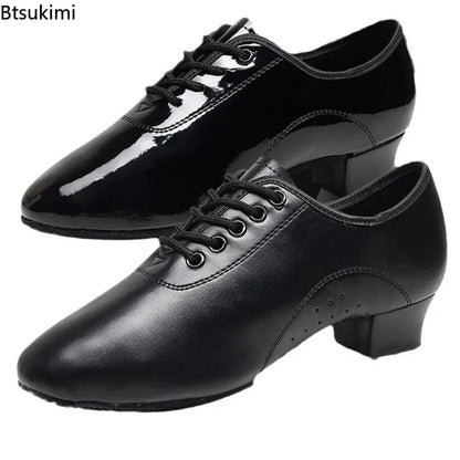 Children Latin Dance Shoes Boy Men Professional Leather Latin Shoes Black Soft Sole Kids Low-heeled Social Modern Dance Shoes