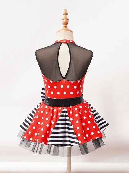 Girls Jazz Latin Ballet Dance Dress Polka Dots Print Mesh Sequin Bowknot Tutu Dress Birthdays Party Wedding Flower Girl Dresses