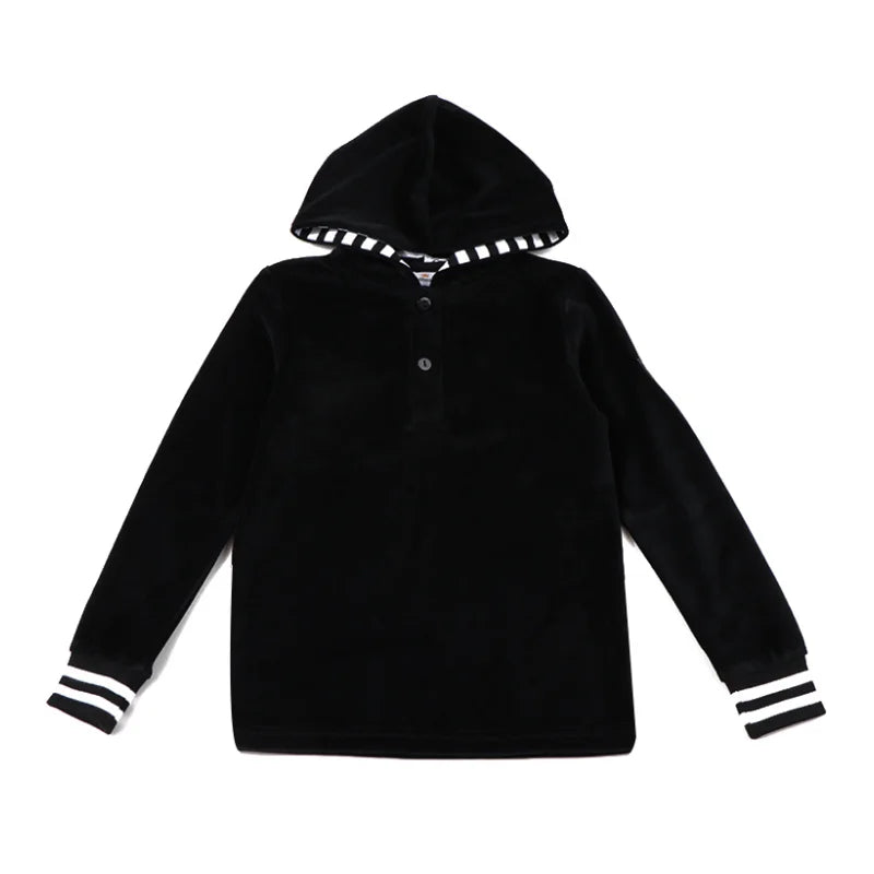 AA-Velour Hooded Set Tired Dress with Hooded Lining Striped Shirt and baby Footie Romper Ribbed Family Clothing Dress for Girls