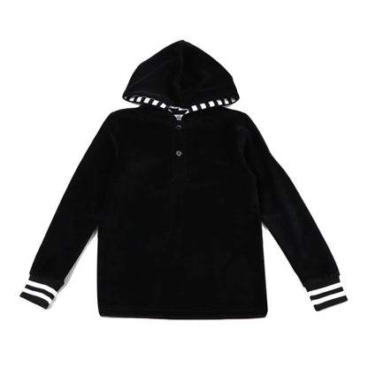 AA-Velour Hooded Set Tired Dress with Hooded Lining Striped Shirt and baby Footie Romper Ribbed Family Clothing Dress for Girls
