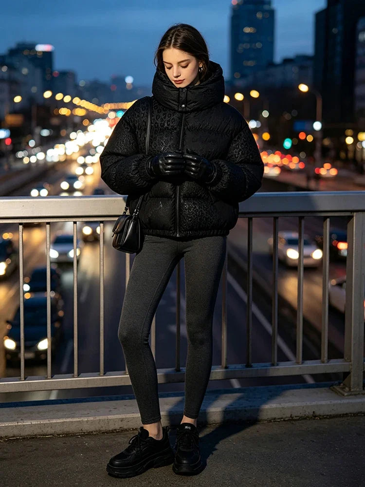 Casual Leopard Pattern Hooded Padded Coat Waterproof Fabric Zipper Long Sleeve Black Jacket Autumn Winter New Fashion Outerwear