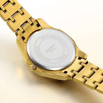 BERNY Golden Watch for Women Quartz Luxury Diamond Shape Lens Ladies Wristwatch Waterproof Stainless Steel Fashion Women Watch