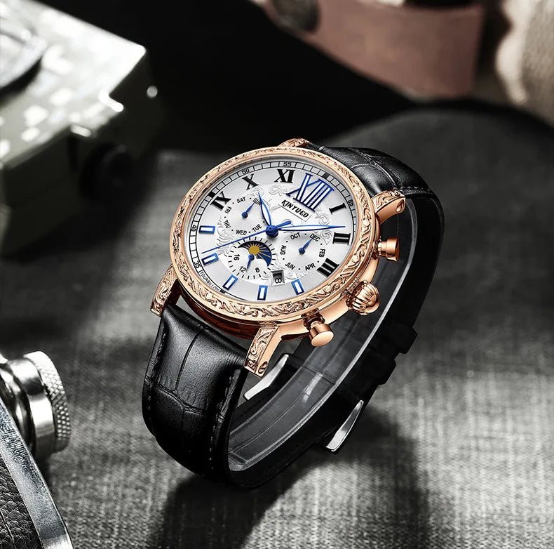 KINYUED Brand Luxury Men's Moon Phase Automatic Mechanical Watch Leather Strap Waterproof Week Date Casual Dress Wrist Watches