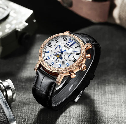 KINYUED Brand Luxury Men's Moon Phase Automatic Mechanical Watch Leather Strap Waterproof Week Date Casual Dress Wrist Watches
