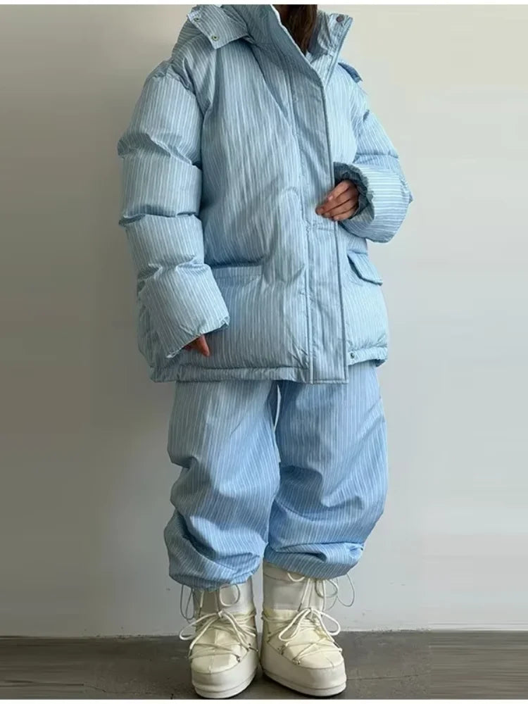 Stripe Women's Padded Cotton Coats Pant Suit Hooded Zipper Puffer Coat Loose Thick Pants 2026 Fashion Lady Autumn Winter Ski Set
