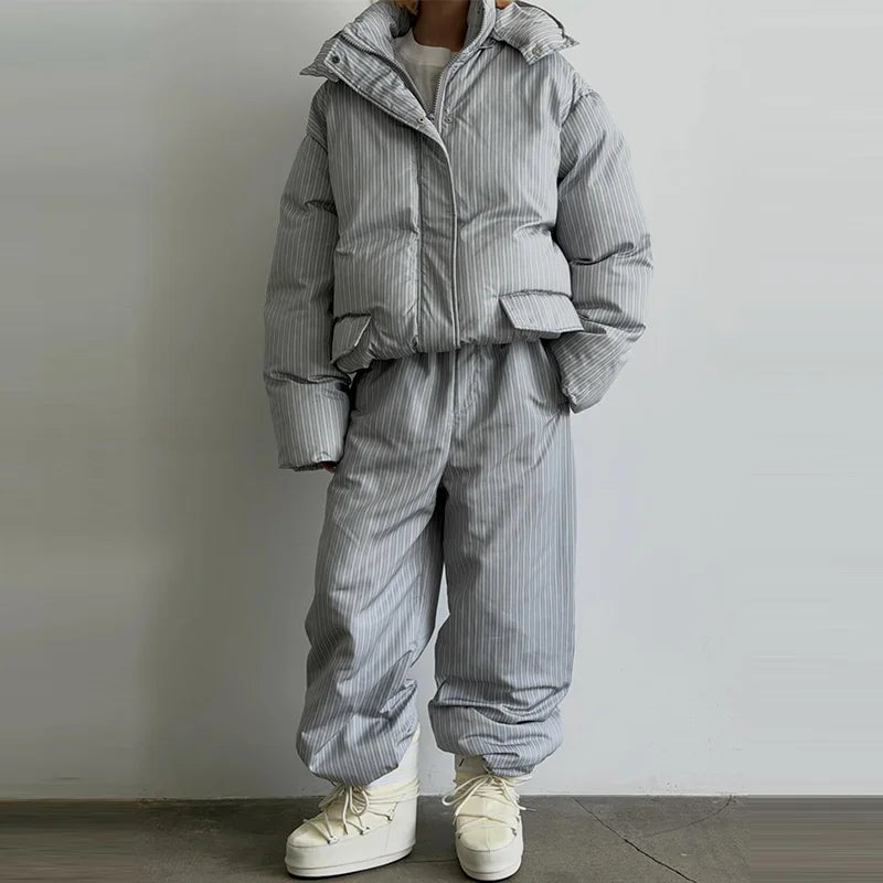 Casual Women's Stripe Set With Hat Full Sleeve Cotton Padded Coat Straight Pants Female Loose Sets 2026 Autumn Winter Lady Suit