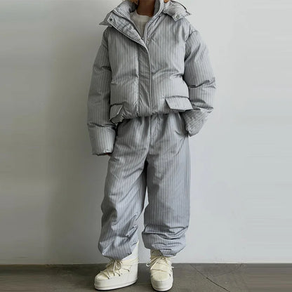 Street Striped Women's Cotton Coat Trouser Suits Hooded Zippers  Autumn Winter Thicken Lady Set 2026 Chic Female Outfits