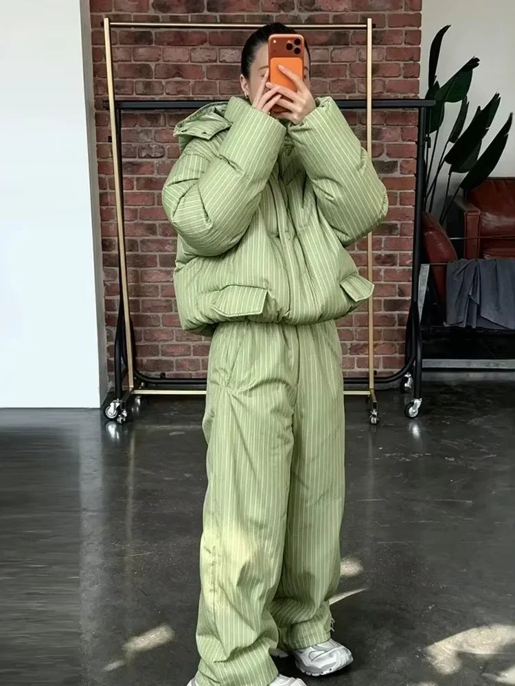 Stripe Women's Padded Cotton Coats Pant Suit Hooded Zipper Puffer Coat Loose Thick Pants 2026 Fashion Lady Autumn Winter Ski Set