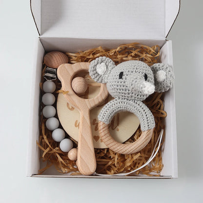 4pcs Newborn Gift Set - Baby Crochet Rattle Pacifier Clip, Teether, - Bunny Teether Elephant Toy Photography Background Set