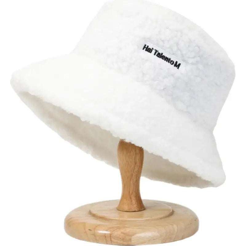 Warm Embroidered Hat Soft Lambswool Bucket Hat For Women Men Winter Warm Knitted Beanie Cap Soft Warm Thick Fisherman Hat