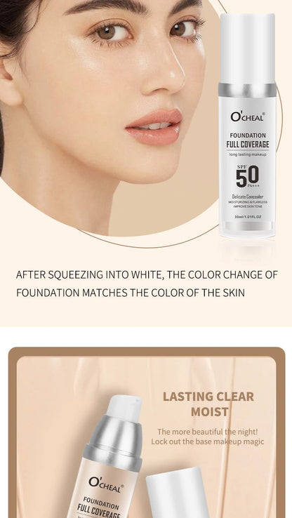 O‘CHEAL 50PA+++ Liquid Foundation Cream Lasting Coverage Makeup Concealer Moisturizing Bright Skin Tone Hydrating Beauty Cream