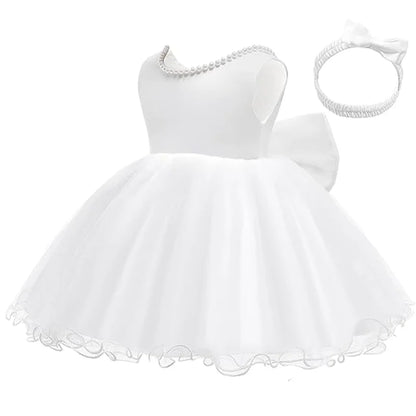 Infant Baby Tulle Backless Pageant Wedding Party Flower Girls Big Bow Dress With Headwear For Toddler Baptism Birthday Prom Gown