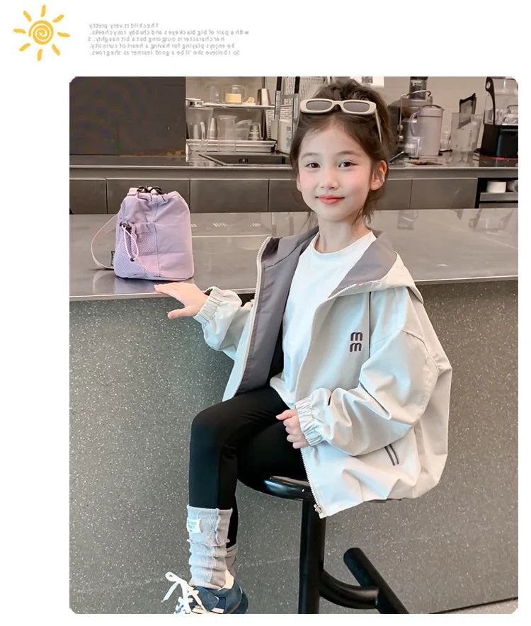 2026 Spring Autumn Girls Reversible Waterproof Hooded Jacket Teen Kid Letter Print Windbreaker Coat Children Loose Outerwear Top