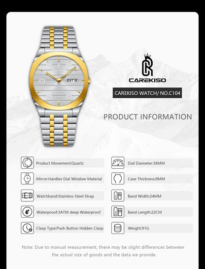 CAREKISO Luxury Fashion Men Clock Waterproof Week Date Casual Man Wristwatch Stainless Steel Quartz Business Men's Watches Reloj