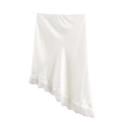 BSAY Lace Asymmetry Satin Texture Skirt Women Fashion Autumn Winter New Solid Chic Female High Waist Elegant Skirts Mujer