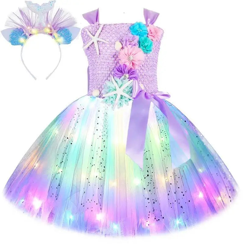 Girls' LED Flashing Mermaid Performance Clothing, Kids' Birthday Beauty Outfit, Fish-Tail Floral Mermaid Princess Tulle Dress