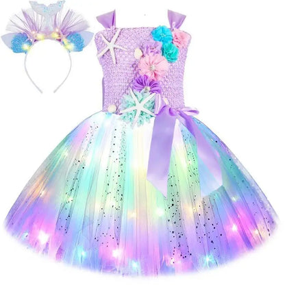 Girls' LED Flashing Mermaid Performance Clothing, Kids' Birthday Beauty Outfit, Fish-Tail Floral Mermaid Princess Tulle Dress