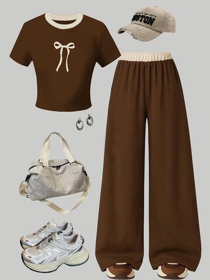 Trendy Girls 2Pcs Brown Coquette Outfit, Bow Print Short Sleeve Crop Top & Elastic Waist Wide Leg Pants