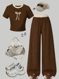 Trendy Girls 2Pcs Brown Coquette Outfit, Bow Print Short Sleeve Crop Top & Elastic Waist Wide Leg Pants