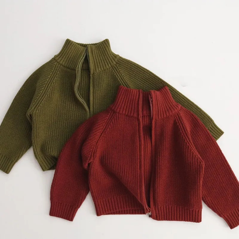 Autumn Winter Kids Sweater 1-6T Solid Color Zipper Boys Girls Turtleneck Cardigan Coat Children Baby Loose Warm Knit Tops