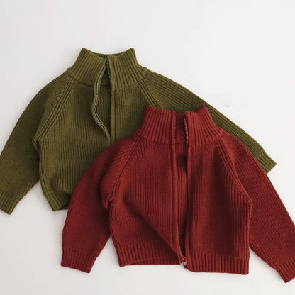 Autumn Winter Kids Sweater 1-6T Solid Color Zipper Boys Girls Turtleneck Cardigan Coat Children Baby Loose Warm Knit Tops