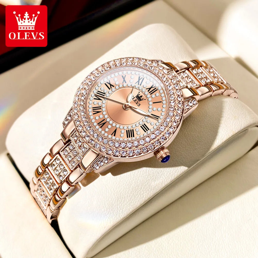 OLEVS 9943  Women's Quartz Watches Roman Dial  Diamond Bezel Luxury Elegant Waterproof Ladies Dress Wristwatch