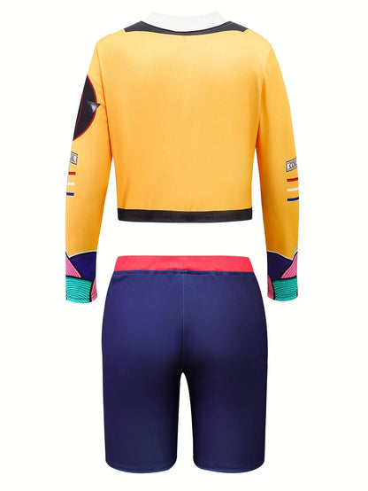 Girls' Casual Outfit: Long-Sleeved Top + Tight Shorts Two-Piece Set with Cartoon Print, Fashionable and Versatile, Suitable for Girls Aged 4-11, for Home and Outings