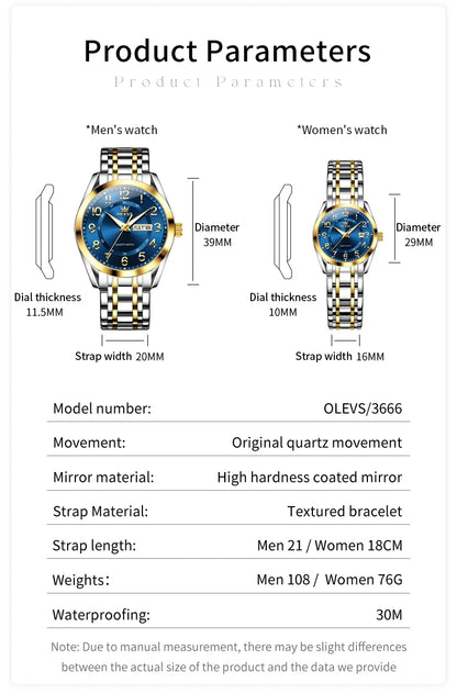 OLEVS 3666 Couple Watch Luxury Brand Quartz Watch Waterproof Watch Lover Gift Night Light Classic Date Week Clock His Her Watch