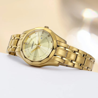 BERNY Golden Watch for Women Quartz Luxury Diamond Shape Lens Ladies Wristwatch Waterproof Stainless Steel Fashion Women Watch