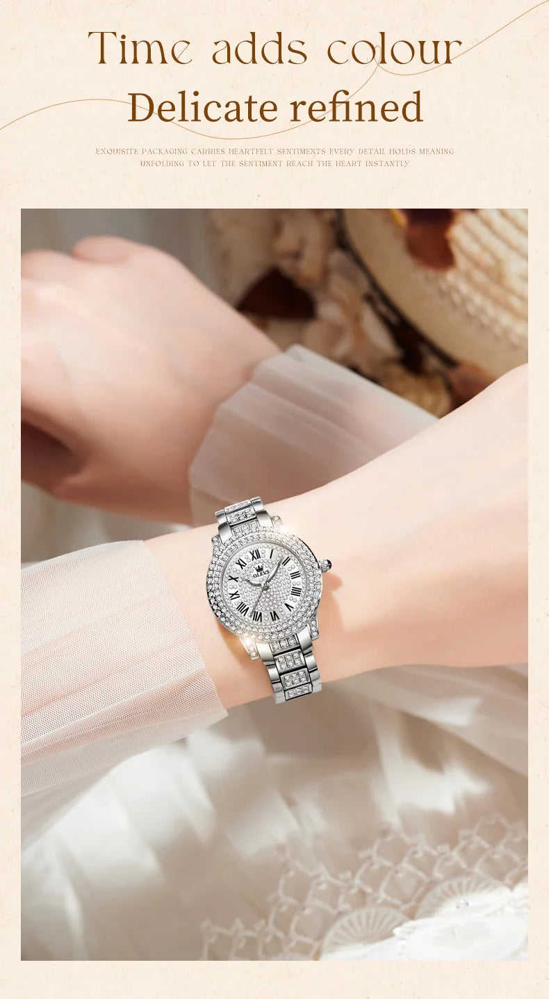 OLEVS 9943 Luxury Diamond Watch for Women Starry Sky Dial Elegant Stainless Steel Waterproof Luminous Quartz Wristwatch Ladies