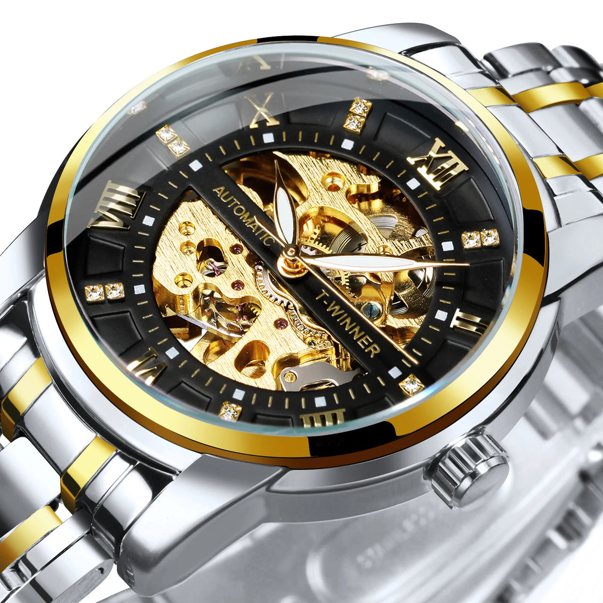 Fashion Skeleton Watch for Men Luminous Hands Iced Out Dial Stainless Steel Strap Business Classic Automatic Mechanical Watches
