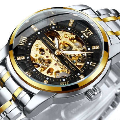Fashion Skeleton Watch for Men Luminous Hands Iced Out Dial Stainless Steel Strap Business Classic Automatic Mechanical Watches