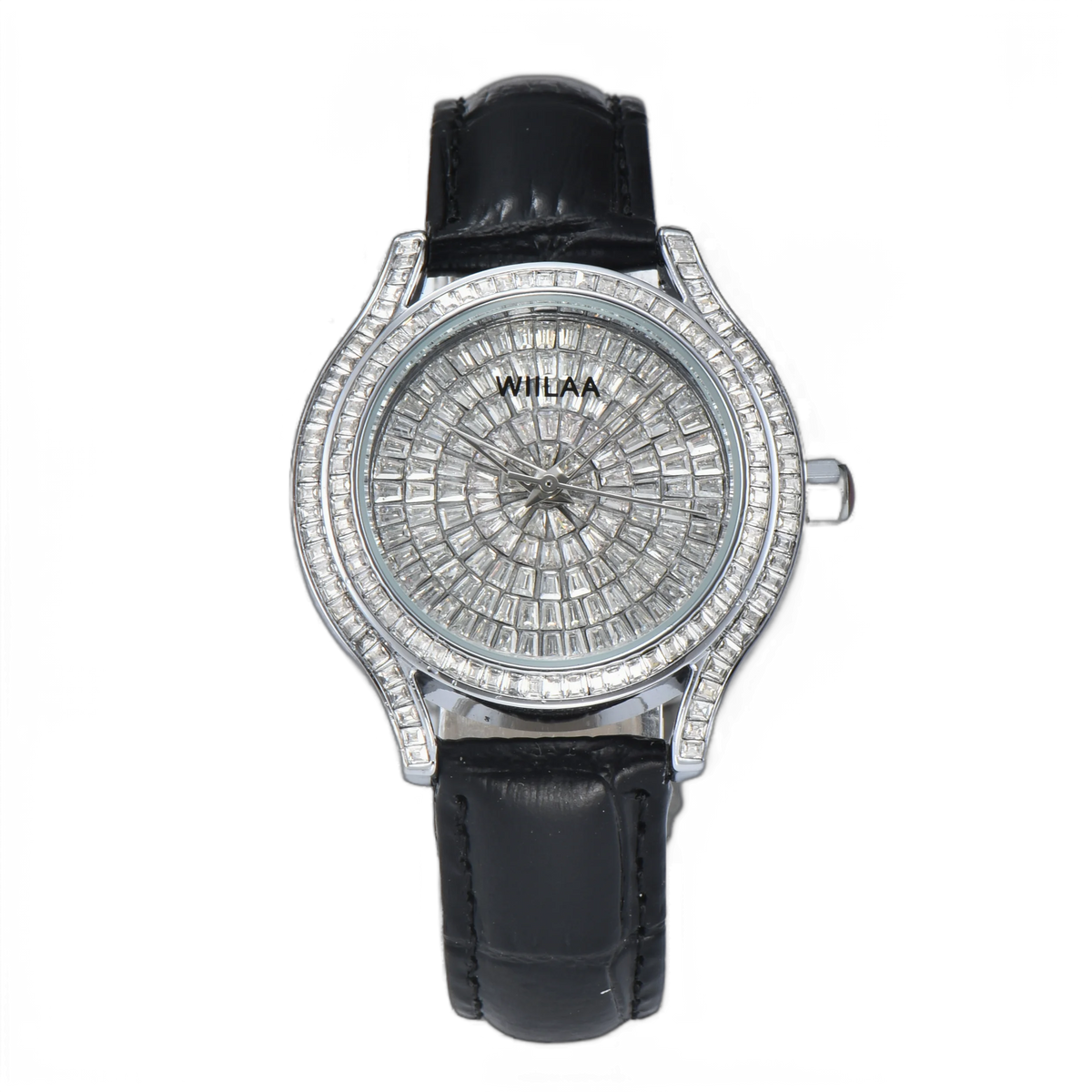 WIILAA Luxury Women's Crystal Quartz Watch - Full Baguette Rhinestone Dial Black Leather Strap Ladies Fashion Wristwatch for Par