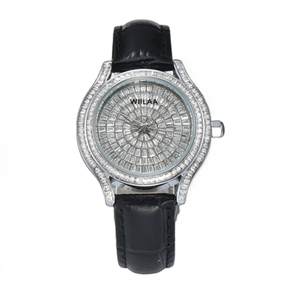 WIILAA Luxury Women's Crystal Quartz Watch - Full Baguette Rhinestone Dial Black Leather Strap Ladies Fashion Wristwatch for Par