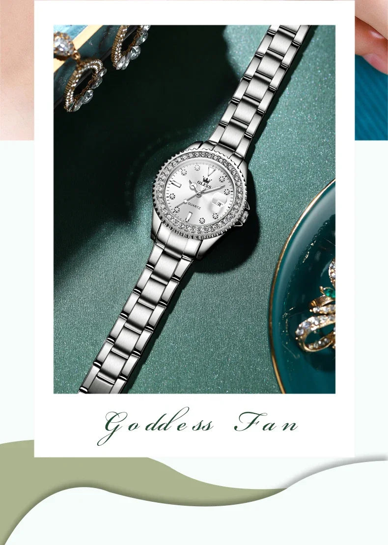 OLEVS 9945 Luxury Diamond Stainless Steel Quartz Watch for Women Elegant Ladies Waterproof Sport Women's Wristwatch Reloj Mujer