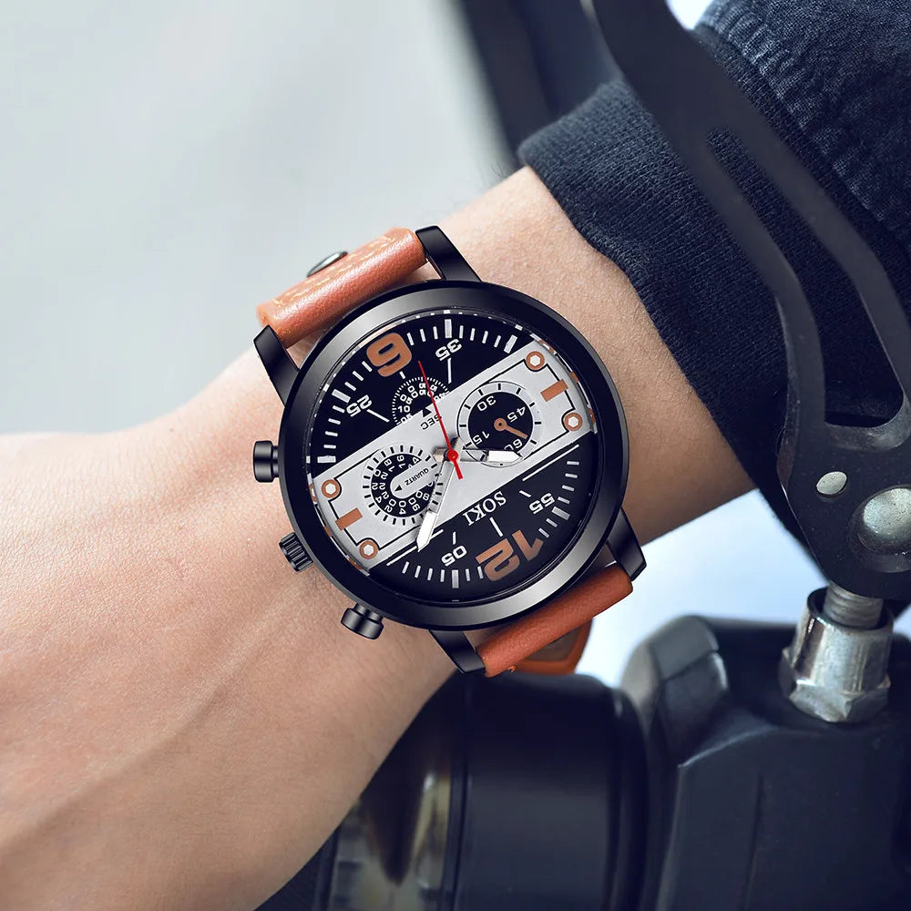 Sleek Men’s Watch Chic Brown Leather Band Quartz Watch Modern Black White Orange Three Eye Contrast Color Chronograph Wristwatch