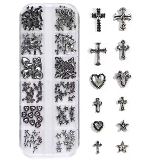 120 pcs / 1 box European American dark vintage style cross nail art patch y2k Premium Metal Style Heart Nail Metal Decorment Set