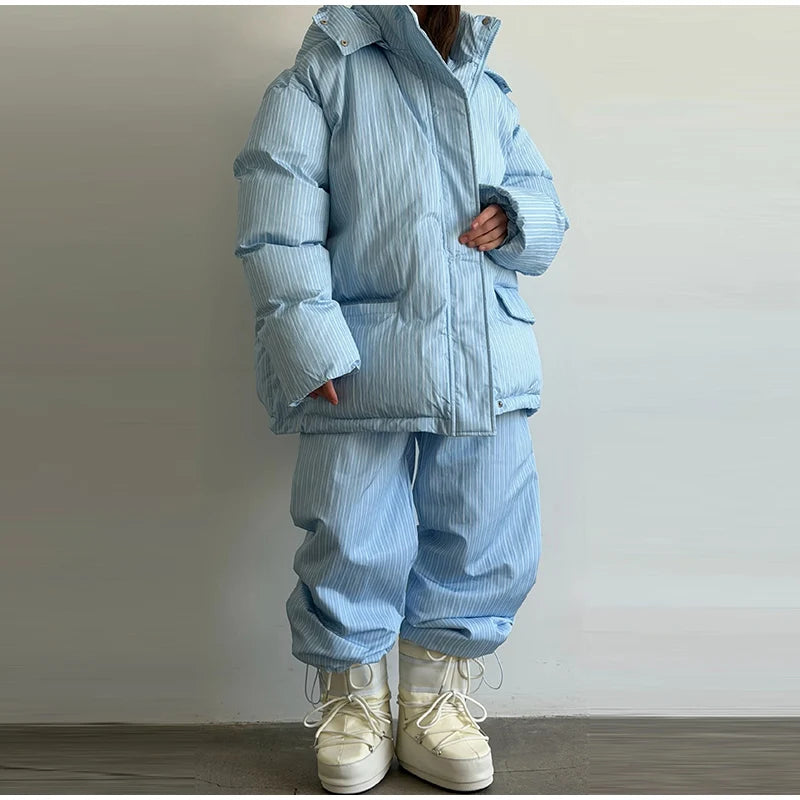 Street Striped Women's Cotton Coat Trouser Suits Hooded Zippers  Autumn Winter Thicken Lady Set 2026 Chic Female Outfits