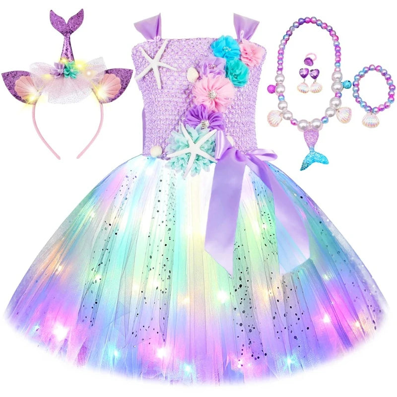 Girls' LED Flashing Mermaid Performance Clothing, Kids' Birthday Beauty Outfit, Fish-Tail Floral Mermaid Princess Tulle Dress