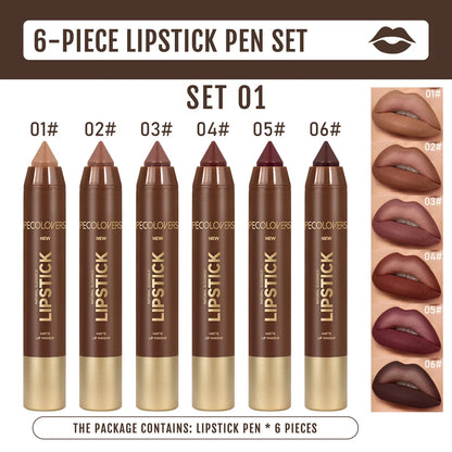 6PCS/Set Waterproof Matte Lipstick Pencil - Contour Tint Lipstick, Non-Stick Cup Lipliner Pen, Long-Lasting Matte Finish, All Skin Types, Beauty Makeup Art, Matte Finish Lipstick