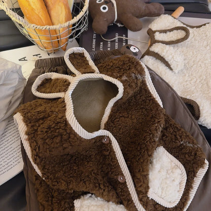 Autumn Winter Baby Lamb Wool Warm Waistcoat Girls Bunny Ears Plush Vest Single Breasted Layer Child Warm Fashion Warm Coat