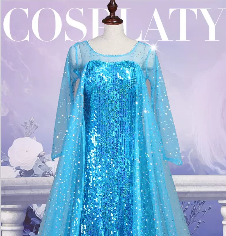 Girl Stunning Princess Maxi Dress All Body Sequin Covered Blue Train Sparkly Tulle Costume Snow Queen Party Elsa Cosplay Outfit