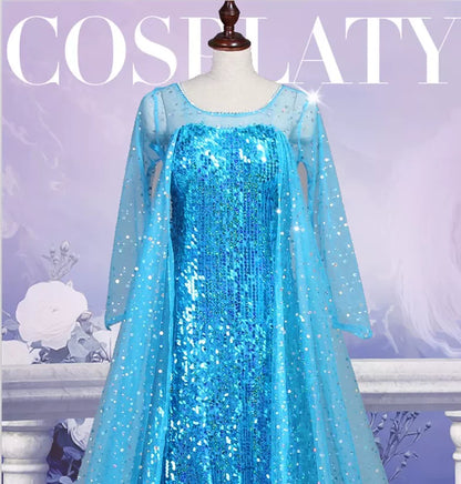 Girl Stunning Princess Maxi Dress All Body Sequin Covered Blue Train Sparkly Tulle Costume Snow Queen Party Elsa Cosplay Outfit