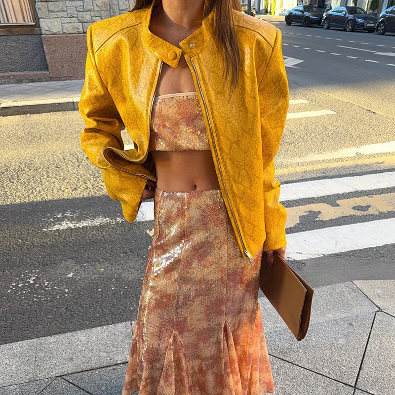 Street Pu Leather Women Jacket Elegant Long Sleeve Zippers Stand Collar Female Outwear 2026 Autumn Winter Chic Lady Coat
