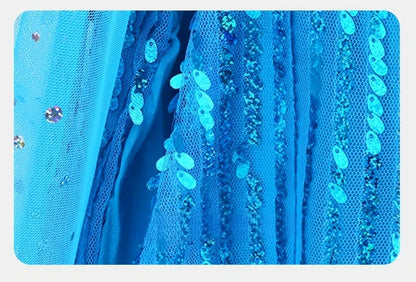 Girl Stunning Princess Maxi Dress All Body Sequin Covered Blue Train Sparkly Tulle Costume Snow Queen Party Elsa Cosplay Outfit