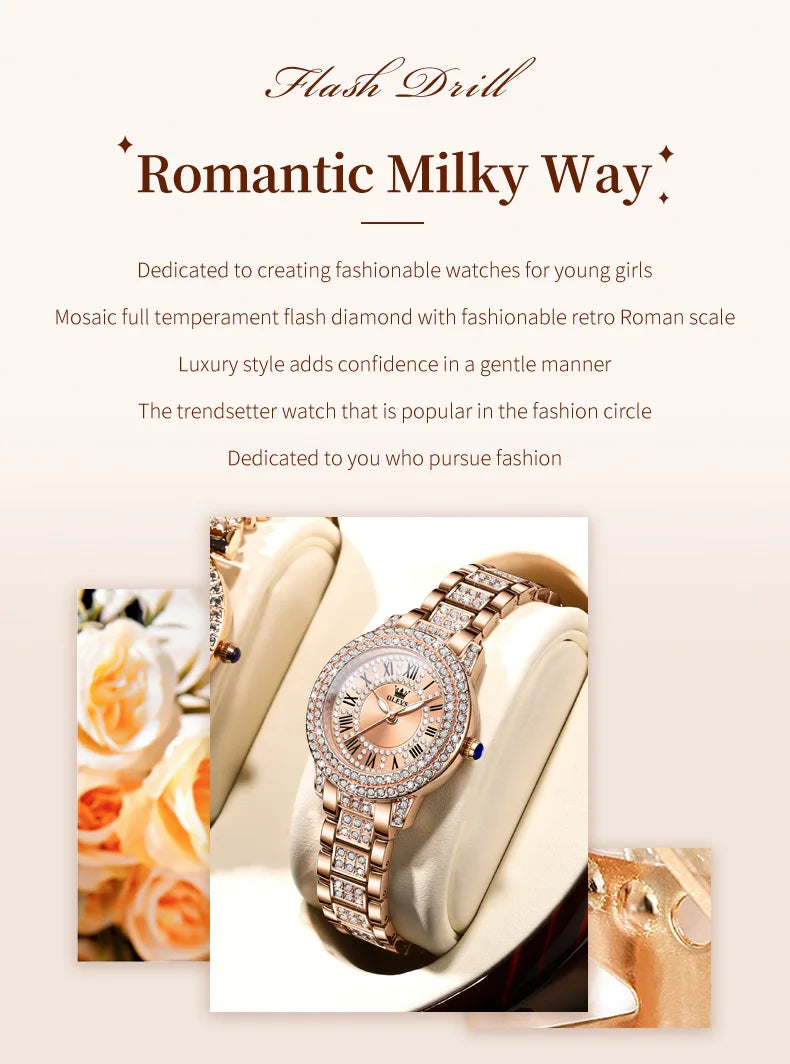 OLEVS 9943  Women's Quartz Watches Roman Dial  Diamond Bezel Luxury Elegant Waterproof Ladies Dress Wristwatch