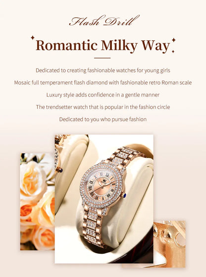 OLEVS 9943  Women's Quartz Watches Roman Dial  Diamond Bezel Luxury Elegant Waterproof Ladies Dress Wristwatch