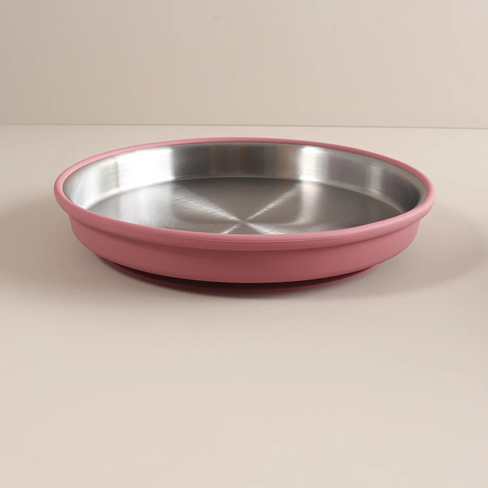Simple design Stainless Steel Baby Plate with Silicone Suction,  Large Double Layer Dinner Plate for Toddlers