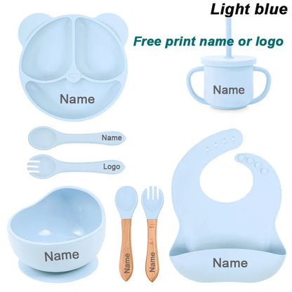 Feeding Set Silicone For Baby Sucker Bowl Dishes Plate For Kids Bear Plate Set Baby Tableware Children's Cup With Straw 8Pcs