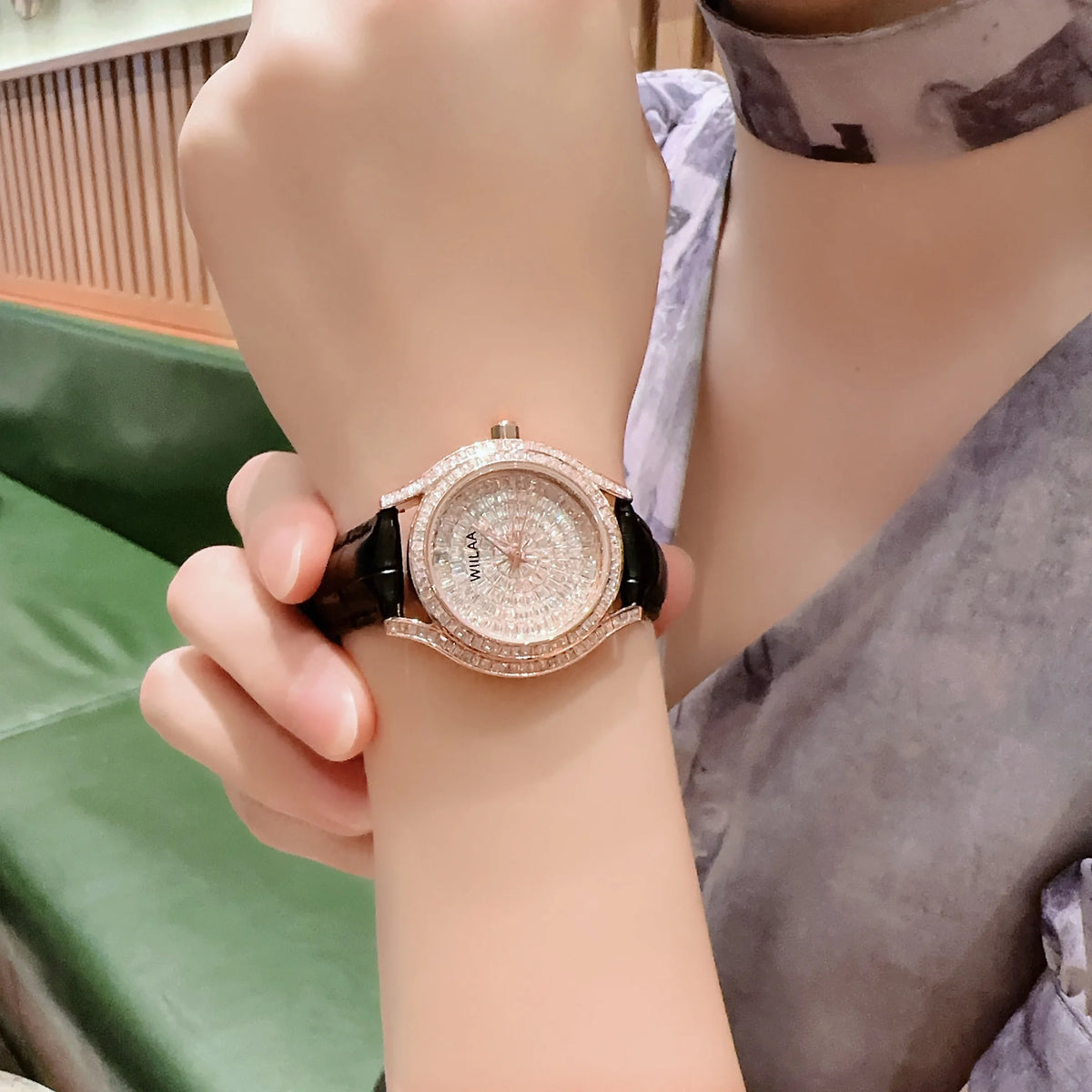 WIILAA Luxury Women's Crystal Quartz Watch - Full Baguette Rhinestone Dial Black Leather Strap Ladies Fashion Wristwatch for Par